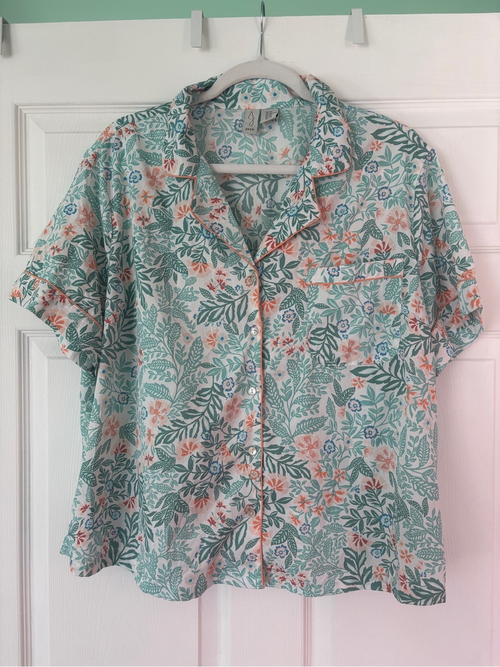 Joie Lightweight Floral Shortsleeved Button-Up PJ Top - Turquoise, Teal, & Coral